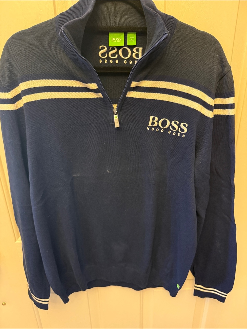 Hugo Boss Men's Navy Zip-Up Sweater with Cream Stripes